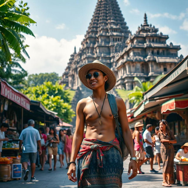 A vivid scene of a traveler named Nevaza exploring the vibrant city of Yogyakarta, Indonesia