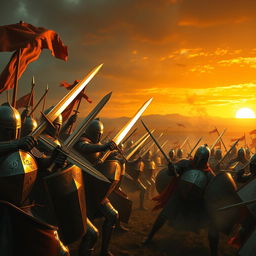An epic depiction of a battlefield scene, showcasing a dramatic clash between two ancient armies
