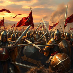 An epic depiction of a battlefield scene, showcasing a dramatic clash between two ancient armies