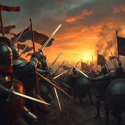 An epic depiction of a battlefield scene, showcasing a dramatic clash between two ancient armies
