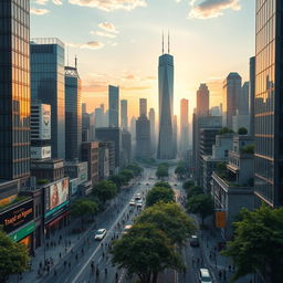 A stunning visualization of a 'concrete jungle', depicting a sprawling urban landscape filled with towering skyscrapers made of steel and glass