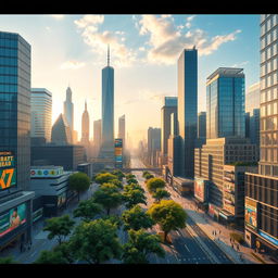 A stunning visualization of a 'concrete jungle', depicting a sprawling urban landscape filled with towering skyscrapers made of steel and glass