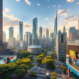 A stunning visualization of a 'concrete jungle', depicting a sprawling urban landscape filled with towering skyscrapers made of steel and glass