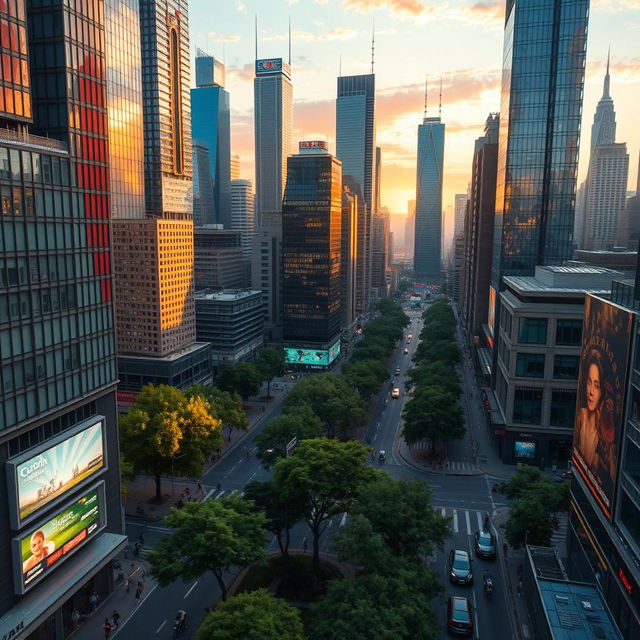 A stunning visualization of a 'concrete jungle', depicting a sprawling urban landscape filled with towering skyscrapers made of steel and glass