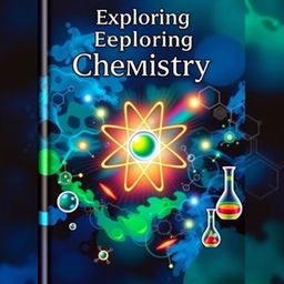 An elegant and captivating cover design for a chemistry book, featuring vibrant colors like deep blue, green, and silver to represent various chemical elements