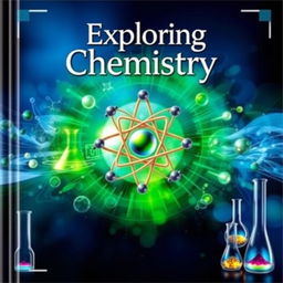 An elegant and captivating cover design for a chemistry book, featuring vibrant colors like deep blue, green, and silver to represent various chemical elements