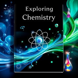 An elegant and captivating cover design for a chemistry book, featuring vibrant colors like deep blue, green, and silver to represent various chemical elements