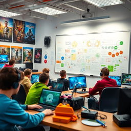 A vibrant, dynamic scene capturing the essence of a Russian video game school