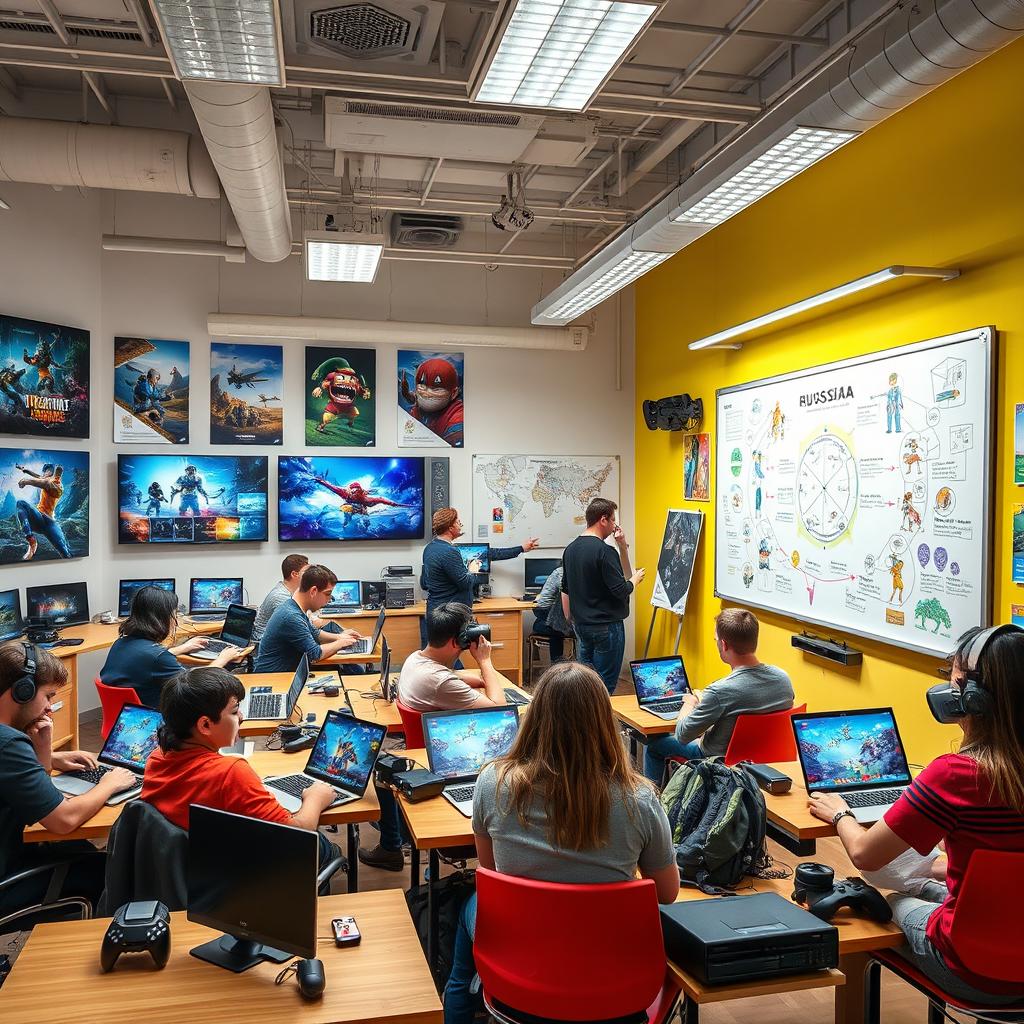 A vibrant, dynamic scene capturing the essence of a Russian video game school