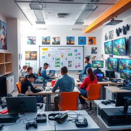 A vibrant, dynamic scene capturing the essence of a Russian video game school