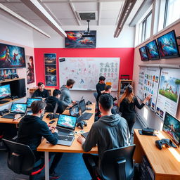 A vibrant, dynamic scene capturing the essence of a Russian video game school