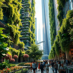 A vibrant urban jungle scene depicting a futuristic concrete jungle, with towering skyscrapers intertwined with lush greenery