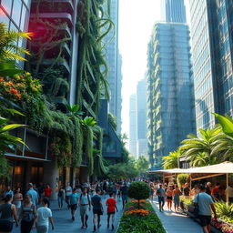 A vibrant urban jungle scene depicting a futuristic concrete jungle, with towering skyscrapers intertwined with lush greenery