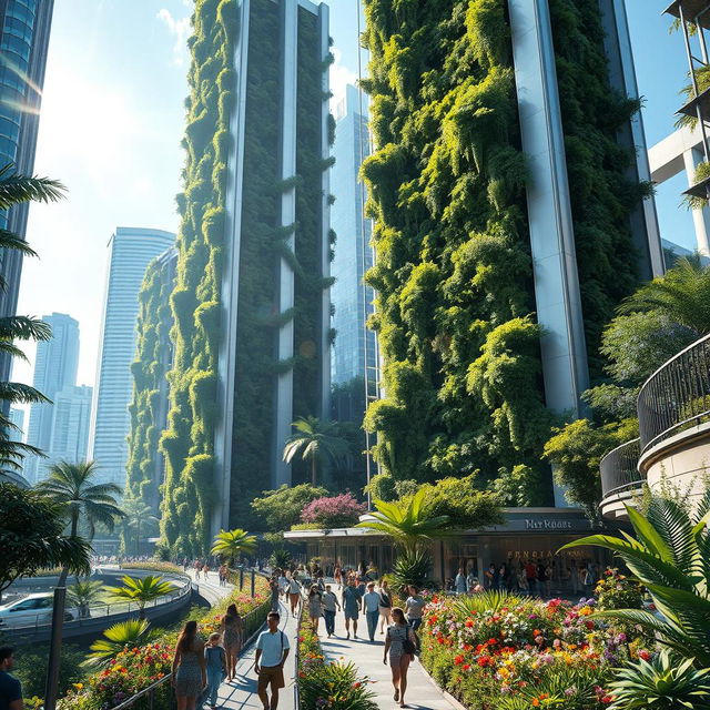 A vibrant urban jungle scene depicting a futuristic concrete jungle, with towering skyscrapers intertwined with lush greenery