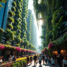 A vibrant urban jungle scene depicting a futuristic concrete jungle, with towering skyscrapers intertwined with lush greenery