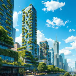 A stunning depiction of a concrete jungle, showcasing a beautifully detailed cityscape with towering skyscrapers made of glass and metal