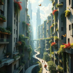 A stunning depiction of a futuristic city with towering concrete skyscrapers surrounded by lush greenery, showcasing a harmonious blend of urban and nature