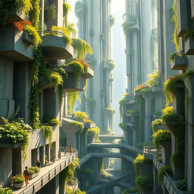 A stunning depiction of a futuristic city with towering concrete skyscrapers surrounded by lush greenery, showcasing a harmonious blend of urban and nature