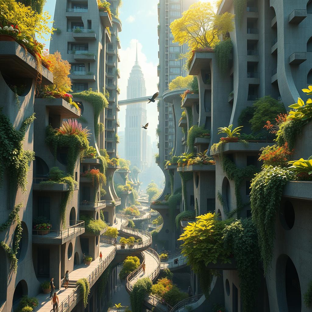 A stunning depiction of a futuristic city with towering concrete skyscrapers surrounded by lush greenery, showcasing a harmonious blend of urban and nature