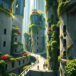 A stunning depiction of a futuristic city with towering concrete skyscrapers surrounded by lush greenery, showcasing a harmonious blend of urban and nature