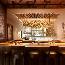 An aesthetically pleasing restaurant with a modern design. Features include a clean environment, subtle lighting, beautiful art pieces, plush seating, polished wood tables and a curated bar area.