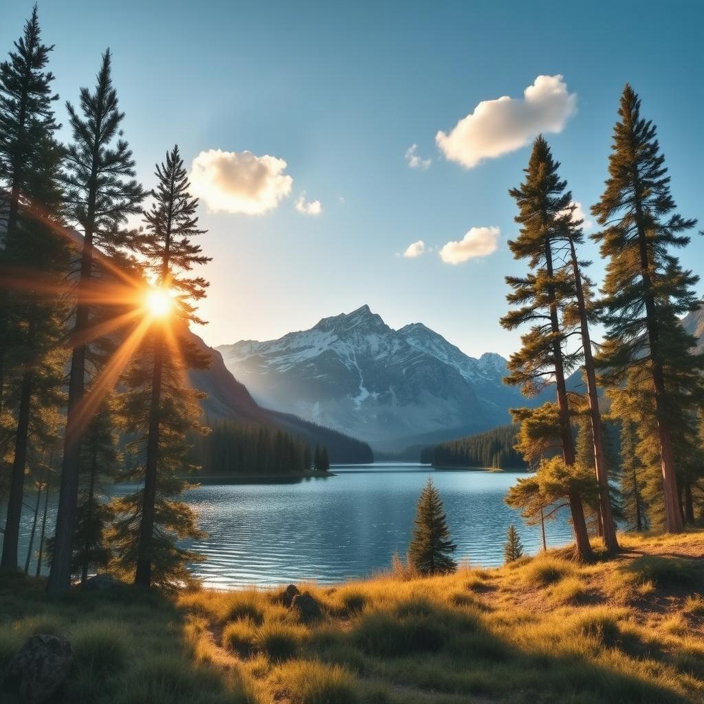 A breathtaking sunrise over a serene lake surrounded by majestic mountains