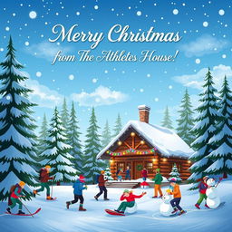 A festive Christmas greeting card design featuring a vibrant winter scene