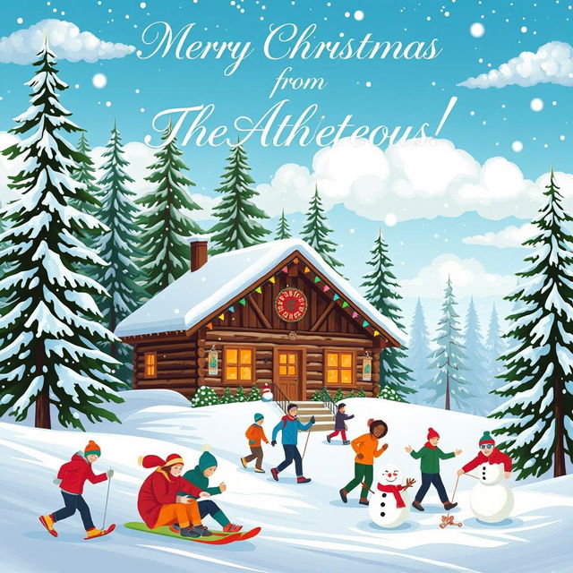 A festive Christmas greeting card design featuring a vibrant winter scene