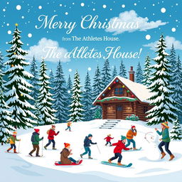 A festive Christmas greeting card design featuring a vibrant winter scene