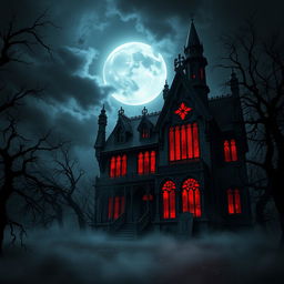 A dark and atmospheric digital art piece depicting a mystical blood house, reminiscent of a haunted mansion