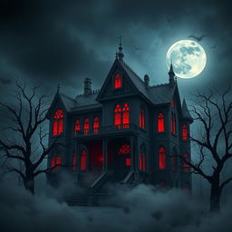 A dark and atmospheric digital art piece depicting a mystical blood house, reminiscent of a haunted mansion