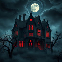 A dark and atmospheric digital art piece depicting a mystical blood house, reminiscent of a haunted mansion