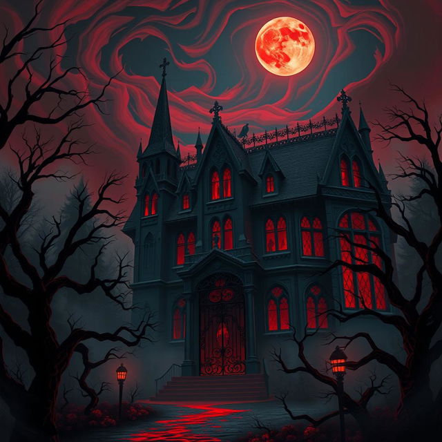 An intensely atmospheric digital illustration of a Blood House, showcasing a haunting and foreboding mansion