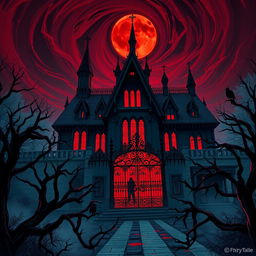 An intensely atmospheric digital illustration of a Blood House, showcasing a haunting and foreboding mansion