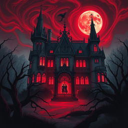 An intensely atmospheric digital illustration of a Blood House, showcasing a haunting and foreboding mansion