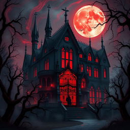 An intensely atmospheric digital illustration of a Blood House, showcasing a haunting and foreboding mansion