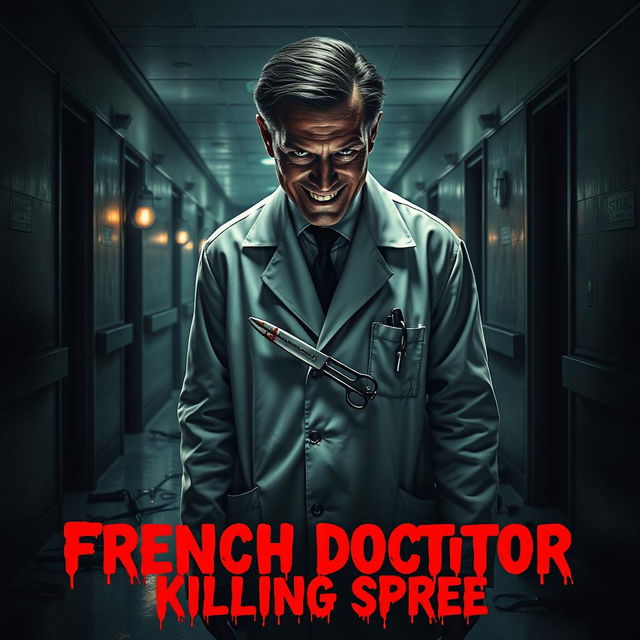 A chilling and suspenseful poster design for a horror movie titled 'French Doctor Killing Spree