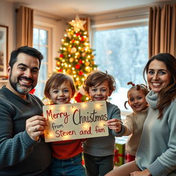 A festive and cheerful Christmas scene featuring a cozy living room decorated for the holidays