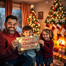 A festive and cheerful Christmas scene featuring a cozy living room decorated for the holidays