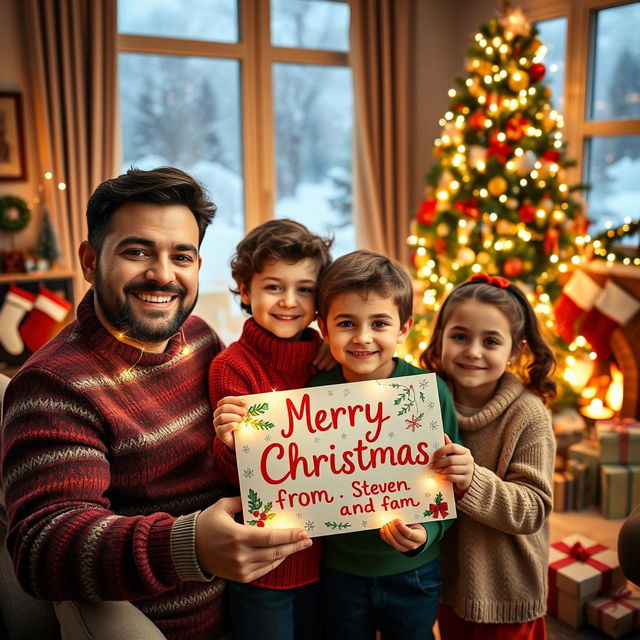 A festive and cheerful Christmas scene featuring a cozy living room decorated for the holidays