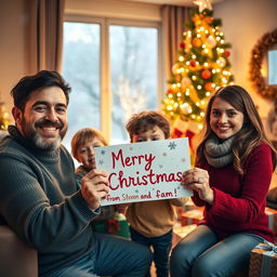 A festive and cheerful Christmas scene featuring a cozy living room decorated for the holidays