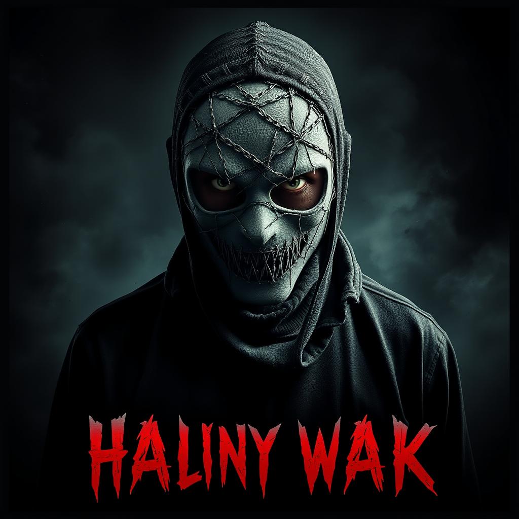 A dramatic and unsettling horror movie poster featuring a character wearing a stitched mask that covers their mouth and eyes