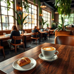 An elegant, high-resolution image of a modern coffee shop interior with stylish wooden furniture, green plants, and large windows letting in natural light