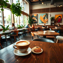 An elegant, high-resolution image of a modern coffee shop interior with stylish wooden furniture, green plants, and large windows letting in natural light