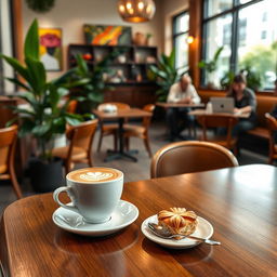 An elegant, high-resolution image of a modern coffee shop interior with stylish wooden furniture, green plants, and large windows letting in natural light