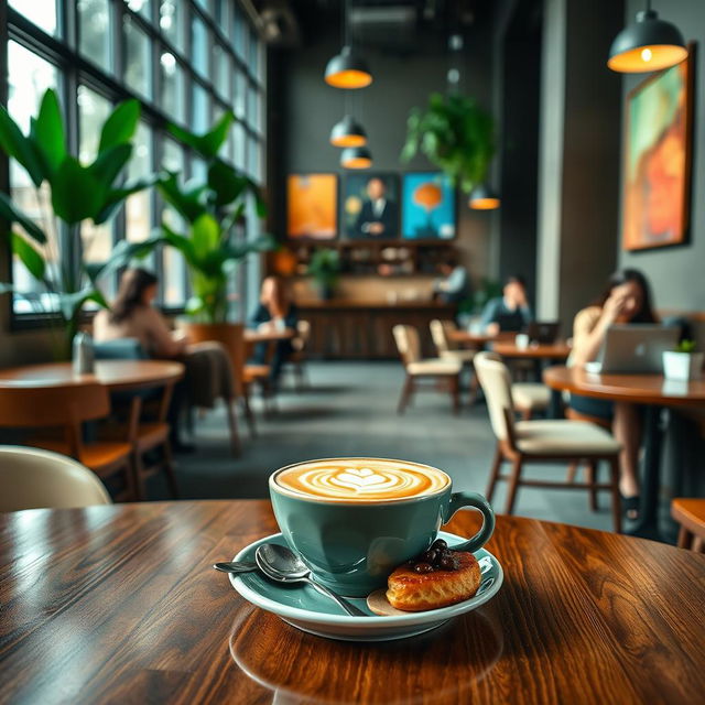 An elegant, high-resolution image of a modern coffee shop interior with stylish wooden furniture, green plants, and large windows letting in natural light