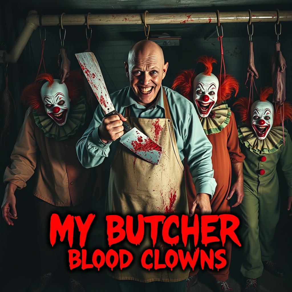 A terrifying movie poster for a horror film titled 'My Butcher Blood Clowns