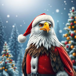 An eagle dressed as Santa Claus, standing proudly with a cheerful expression