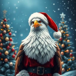 An eagle dressed as Santa Claus, standing proudly with a cheerful expression