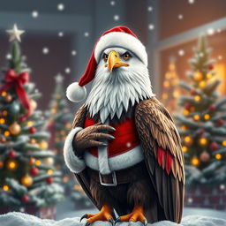 An eagle dressed as Santa Claus, standing proudly with a cheerful expression
